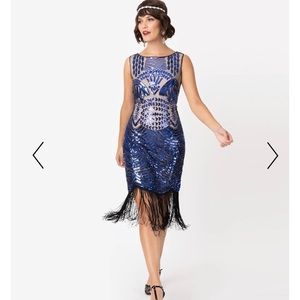 Blue and Beige Sequin Flapper Dress